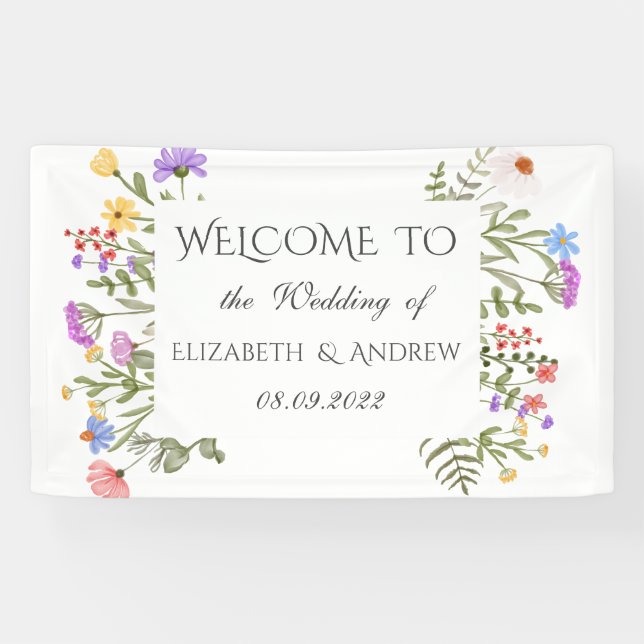 Lona Boda de pradera de flores silvestres en acuarela (Horizontal)
