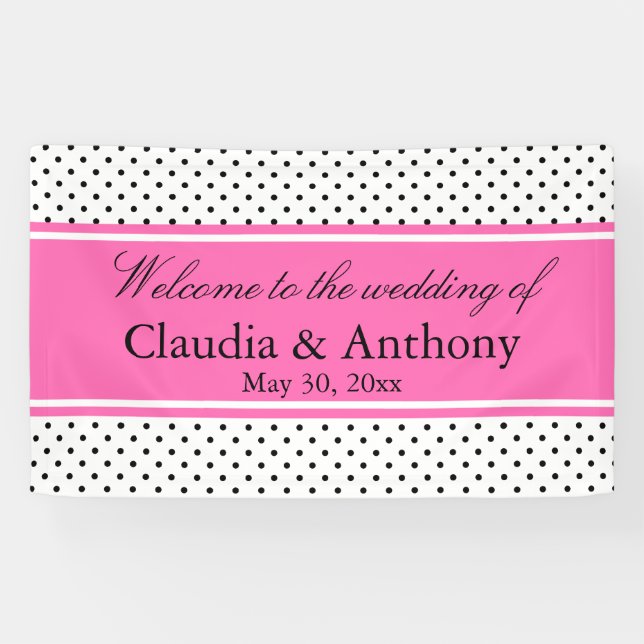 Lona Boda de puntos de polka negro, blanco y rosa (Horizontal)