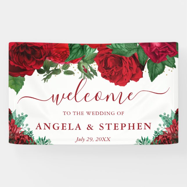 Lona Boda de rosas rojas acuarela Bienvenida (Horizontal)