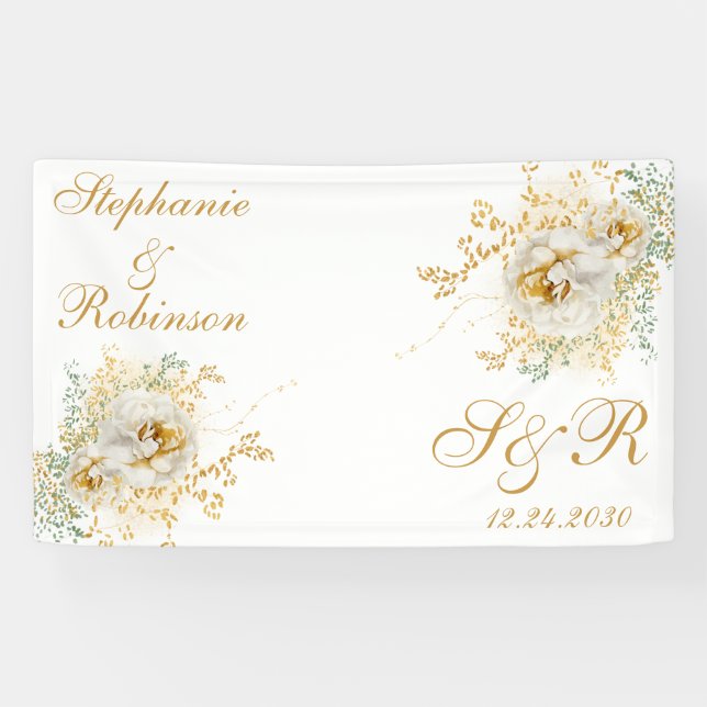 Lona Boda del logotipo del monograma floral dorado (Horizontal)