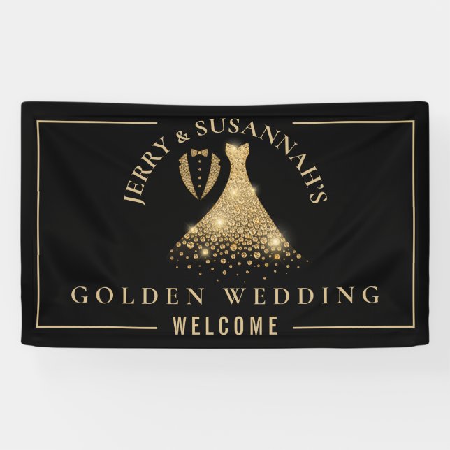 Lona Boda Dorado 50 nombres Tux Vestido dorado negro (Horizontal)