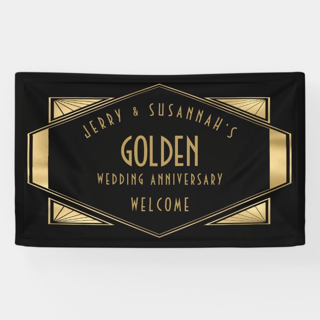 Lona Boda Dorado 50th Names Art deco Gold Black (Horizontal)