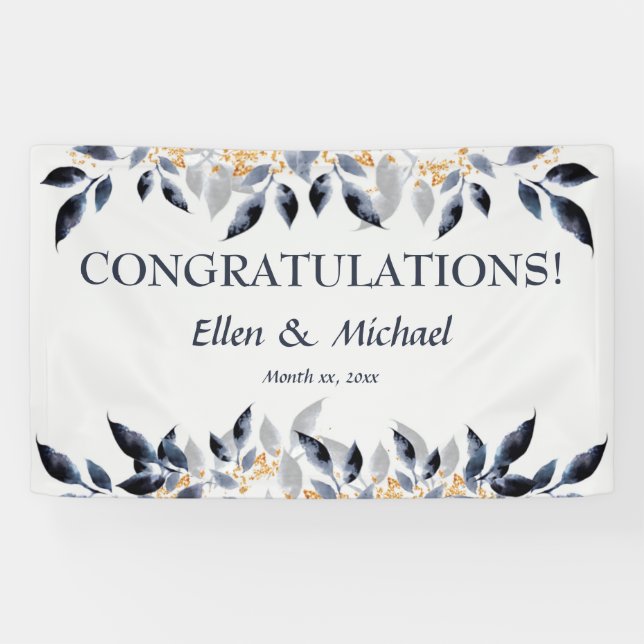 Lona Boda Felicitaciones Banner Elegant Blue Gold (Horizontal)