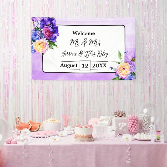 Lona Boda floral bonito morado personalizado (Fiesta)