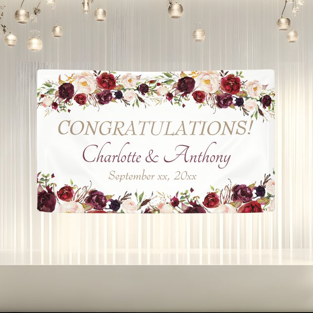 Lona Boda Floral Borgoña Profunda (Deep Burgundy Floral Wedding Banner)