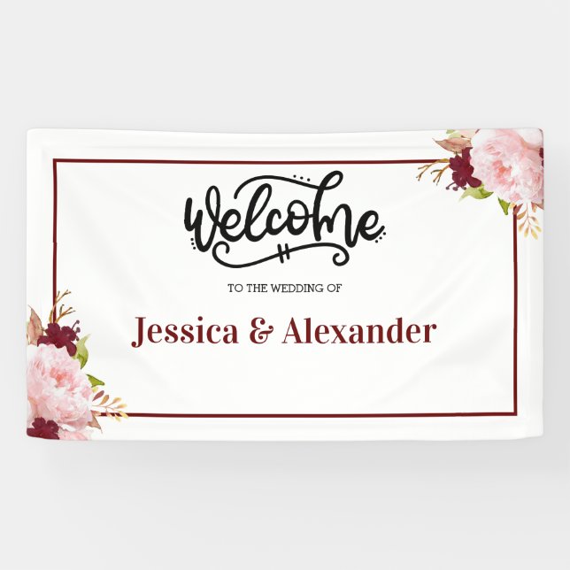 Lona Boda floral de Borgoña personalizada (Horizontal)