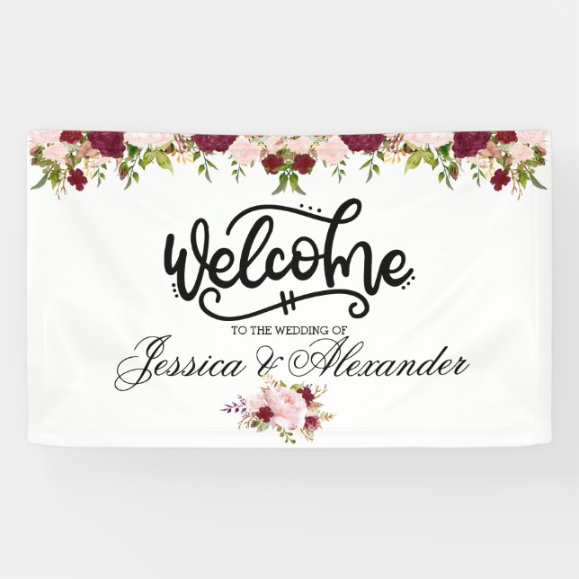 Lona Boda floral de Borgoña personalizada (Horizontal)