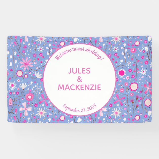 Lona Boda floral de flor salvaje azul brillante (Horizontal)