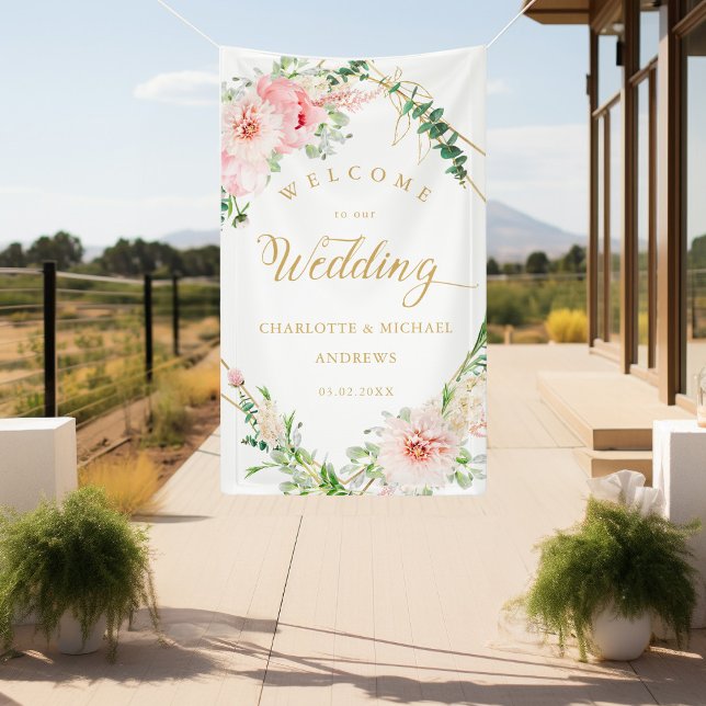 Lona Boda geométrico de manantial botánico acuarela (Watercolor Botanical Spring Geometric Wedding Banner with your Name & Date.)