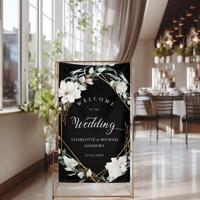 Lona Boda geométrico Eucalyptus Gold (White Flowers Eucalyptus Gold Geometric Wedding Banner with your name & Date.)