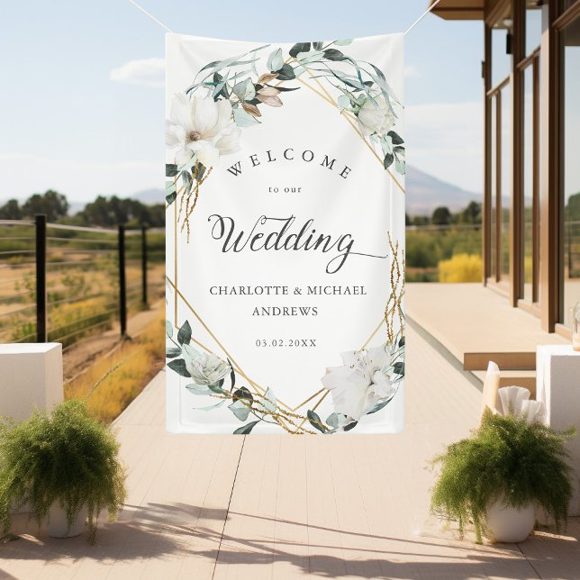 Lona Boda geométrico Eucalyptus Gold (White Flowers Eucalyptus Gold Geometric Wedding Banner with your name & Date.)