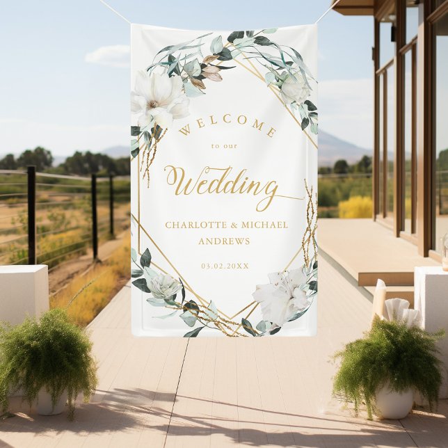 Lona Boda geométrico Eucalyptus Gold (White Flowers Eucalyptus Gold Geometric Wedding Banner with your name & Date.)