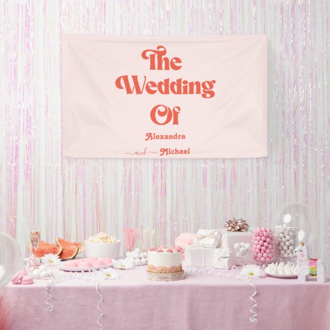 Lona Boda Moderna con Tipografía Retro Rosa y Naranja (Fiesta)