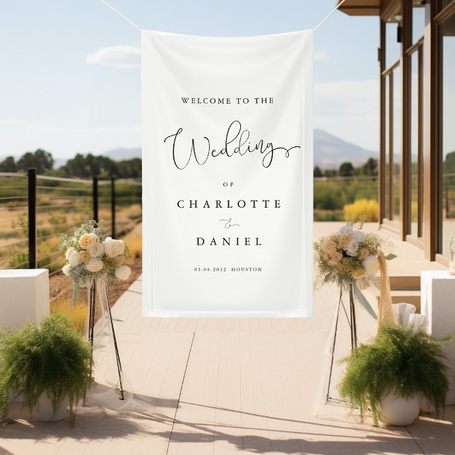 Lona Boda moderno, mínimo, blanco (Modern, minimal, white, wedding banner. Elegant with handwriting typography.)