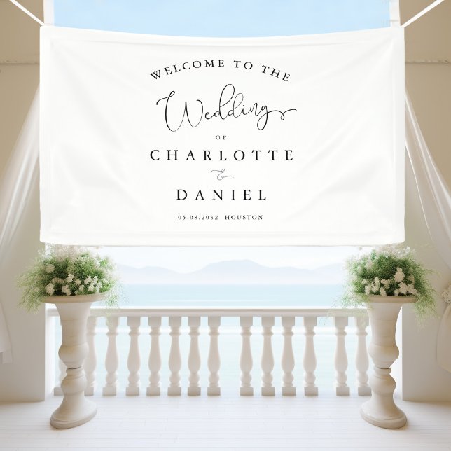 Lona Boda moderno, mínimo, blanco (Modern, minimal, white, wedding banner. Elegant with handwriting typography.)