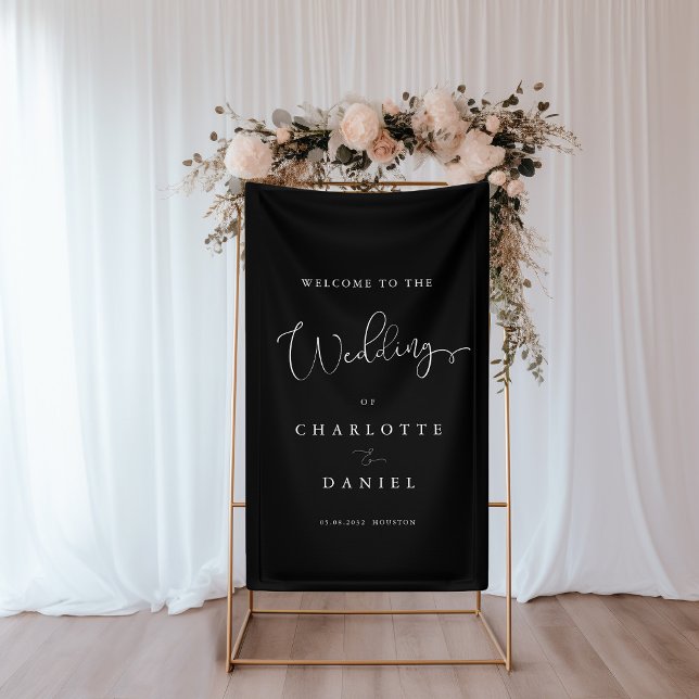 Lona Boda moderno, mínimo, negro (Modern, minimal, black, wedding banner. Elegant with handwriting typography.)