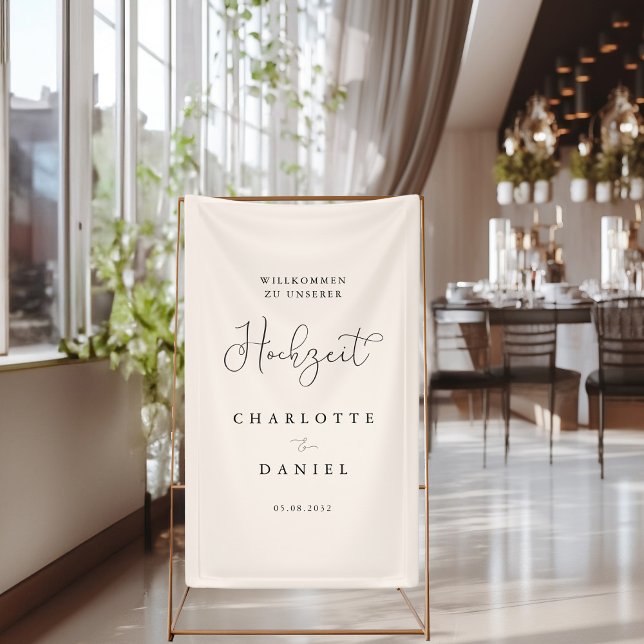 Lona Boda moderno, mínimo y beige (Modern, minimal, beige "welcome" wedding banner with your name & date.)