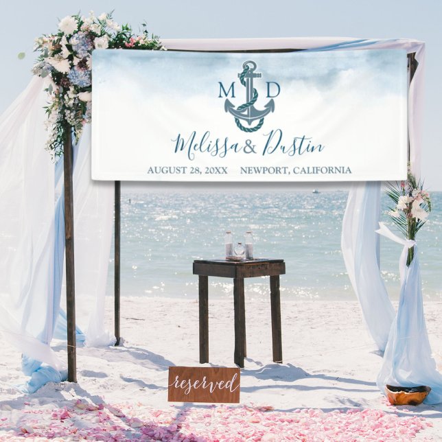 Lona Boda Náutico Ancla de color Azul de Playa (Beach Blue Watercolor Anchor Nautical Wedding Banner)