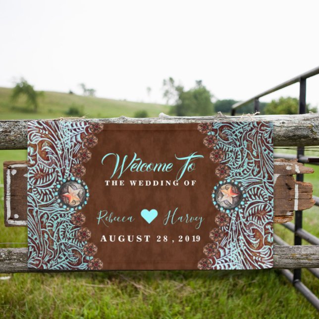 Lona boda occidental del país de vaquero marrón turques (turquoise brown cowboy country western wedding banner)