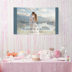 Lona Boda personalizada con lunares dorados y azules