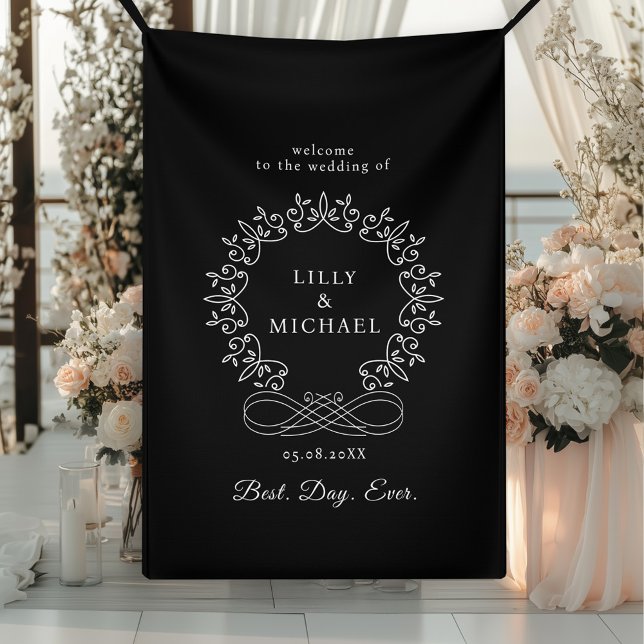 Lona Boda Real, Elegante, "Mejor Día de la Historia" (Royal, Elegant, "Best-Day-Ever" Black & White Wedding Banner with your  name. date and text.)
