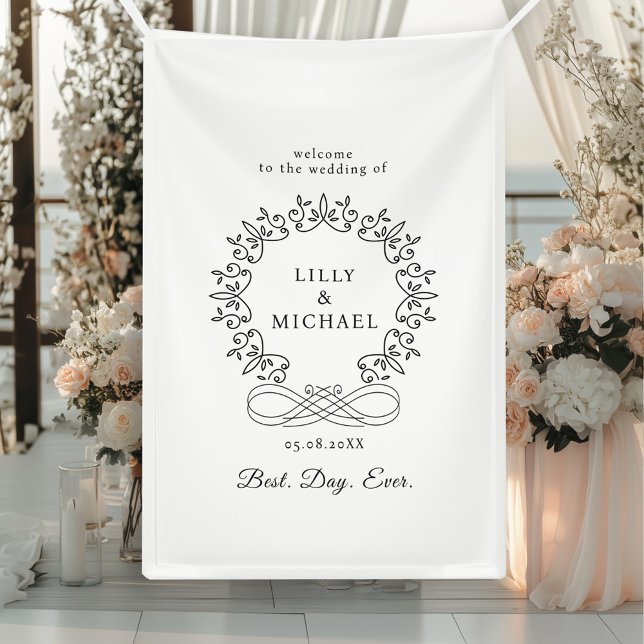 Lona Boda Real, Elegante, "Mejor Día de la Historia" (Royal, Elegant, "Best-Day-Ever" White Wedding Banner with your  name. date and text.)
