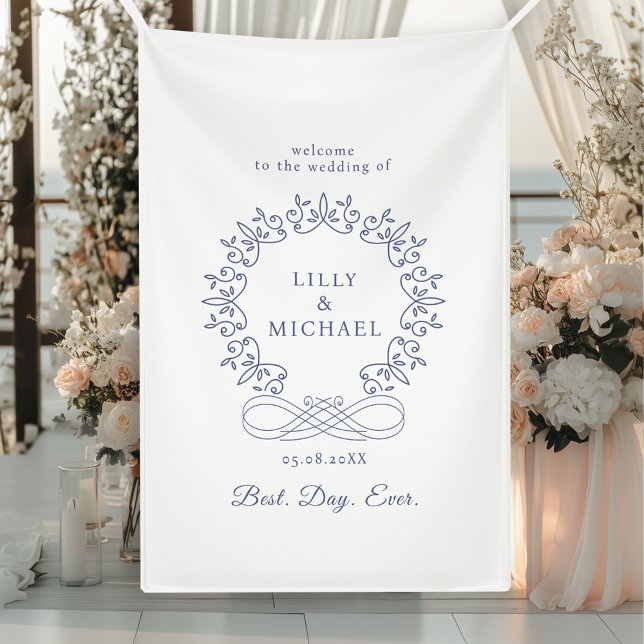 Lona Boda Real, Elegante, "Mejor Día de la Historia" (Royal, Elegant, "Best-Day-Ever" White Wedding Banner with your  name. date and text.)
