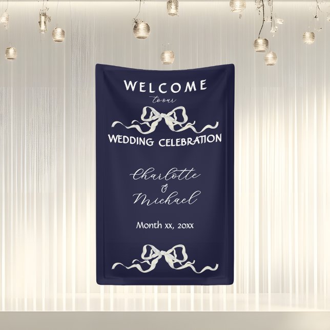 Lona Boda Romántica Elegante con Cinta y Lazo Azul Mari (Elegant Romantic Wedding Navy Ribbon & Bow Banner)