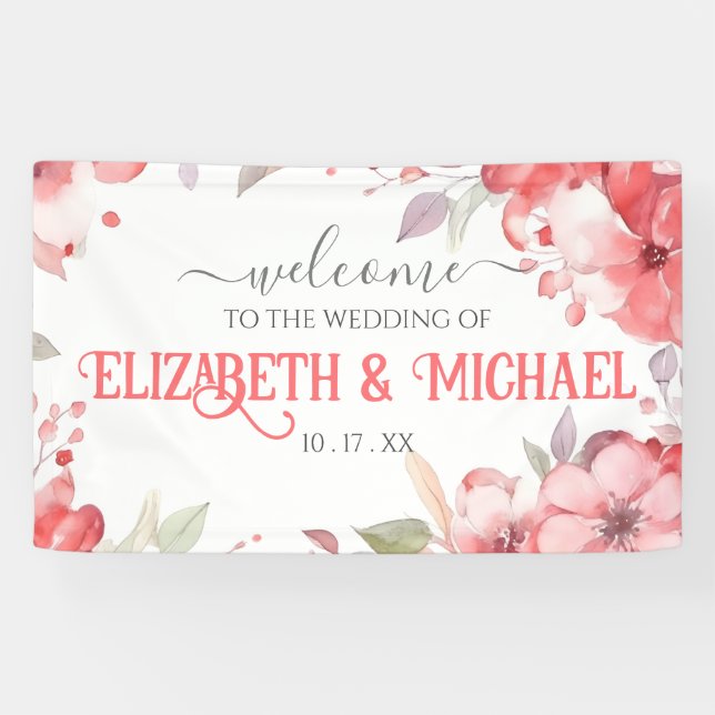 Lona Boda romántico acuarela Personalizar floral rojo (Horizontal)