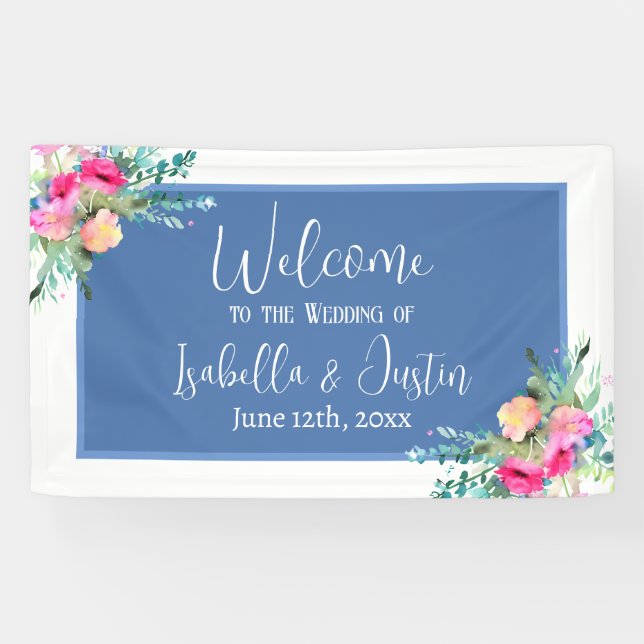 Lona Boda Rosebud rosa floral azul personalizado (Horizontal)
