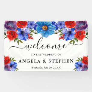 Lona Bodas de Flores Rojas y Azules Bienvenida