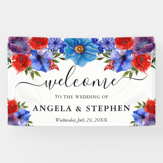 Lona Bodas de Flores Rojas y Azules Bienvenida (Horizontal)