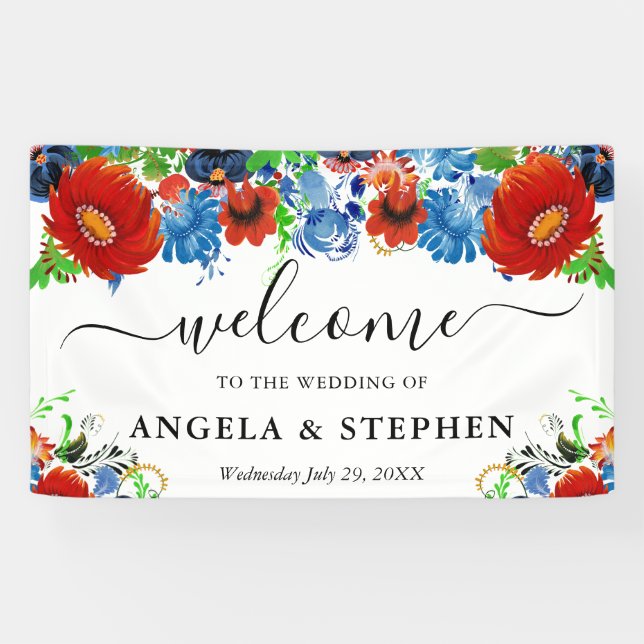 Lona Bodas de Flores Rojas y Azules Bienvenida (Horizontal)