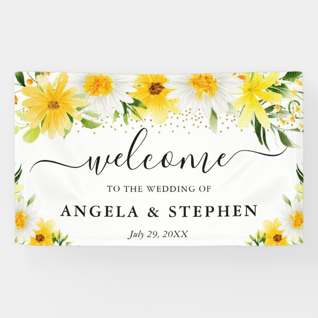 Lona Bodas de Margaritas y Flores Amarillas Bienvenida (Horizontal)