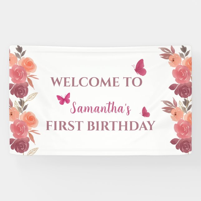Lona Boho Acuarela Floral Primer Cumpleaños  (Horizontal)
