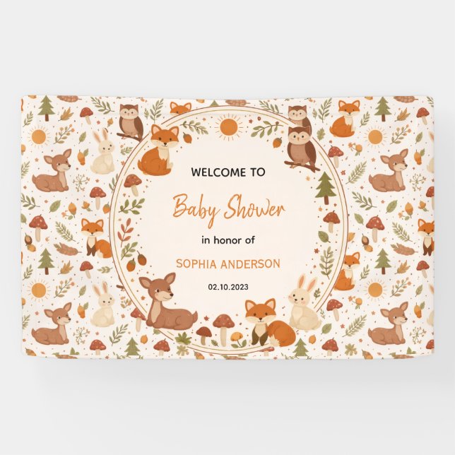 Lona Boho Baby Shower Bosque | Animales del Bosque Rúst (Horizontal)