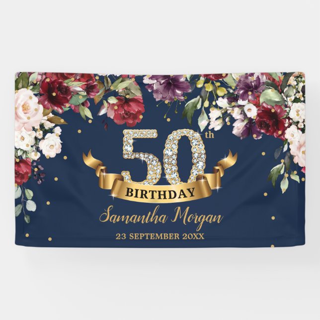 Lona Boho bohemio burgundy fiesta de cumpleaños rosa (Horizontal)