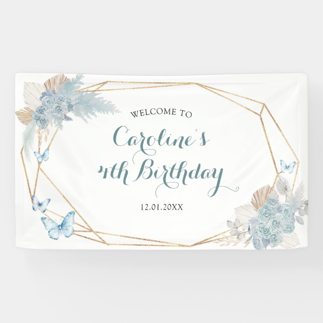 Lona Boho Dusty Blue Butterfly Cumpleaños Grande (Horizontal)