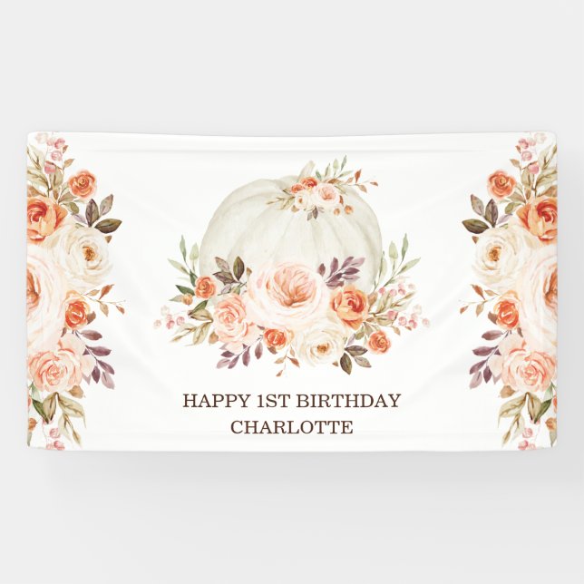 Lona Boho Fall Floral Pumpkin Feliz Cumpleaños Fiesta (Horizontal)