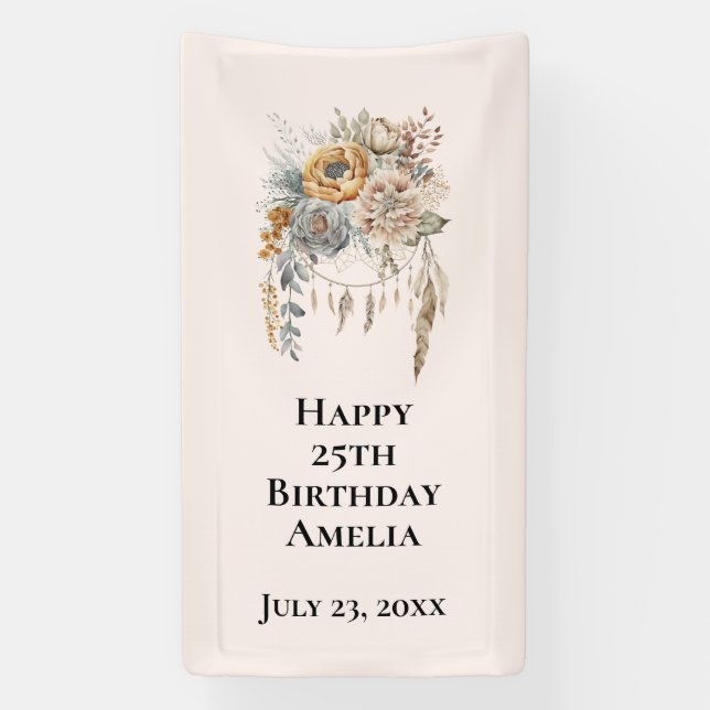 Lona Boho Flower Bouquet y Dreamcatcher Cumpleaños (Vertical)