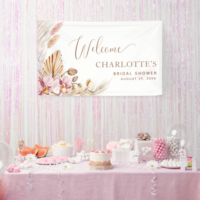 Lona Boho Pink Floral | Banner de bienvenida de ducha d (Fiesta)