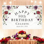 Lona Boho Red Rubor y Purple 80th Birthday Party<br><div class="desc">Bonita bandera acuática floral de cumpleaños con ramos de esquina de boho floral en una elegante combinación de colores: rojo borgoña, rosa rubor, púrpura de ciruela y durazno con suntuosa vegetación repartida por todas partes. Es una elección maravillosa para celebraciones desde mediados de verano, otoño y durante los meses de...</div>