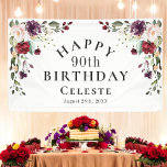Lona Boho Red Rubor y Purple 90th Birthday Party<br><div class="desc">Banner de la fiesta de cumpleaños floral de una acuarela femenina con ramos de esquina de boho floral en una elegante combinación de colores: rojo borgoña, rosa rubí, violeta de ciruela y durazno con suntuosas zonas verdes dispersas por todas partes. Es una elección maravillosa para celebraciones desde mediados de verano,...</div>
