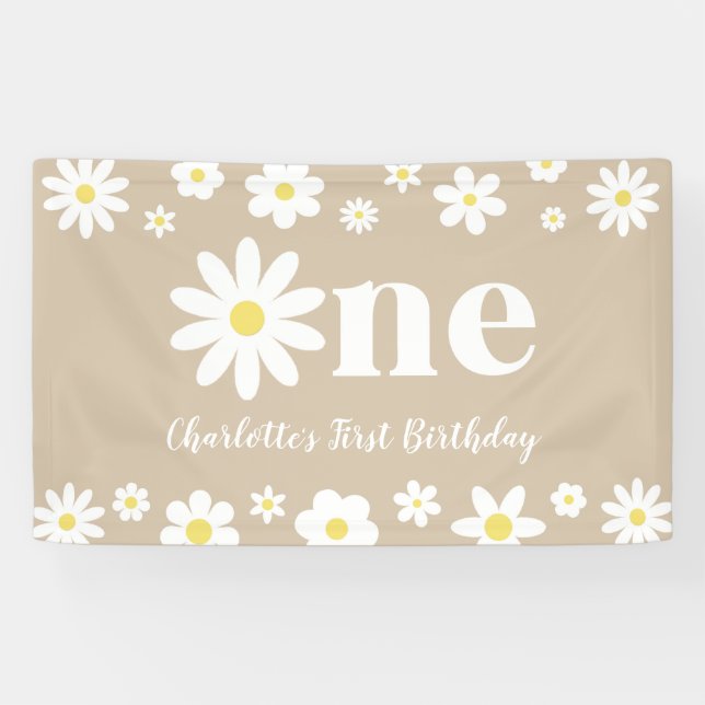 Lona Boho Retro Daisy Primer Cumpleaños (Horizontal)