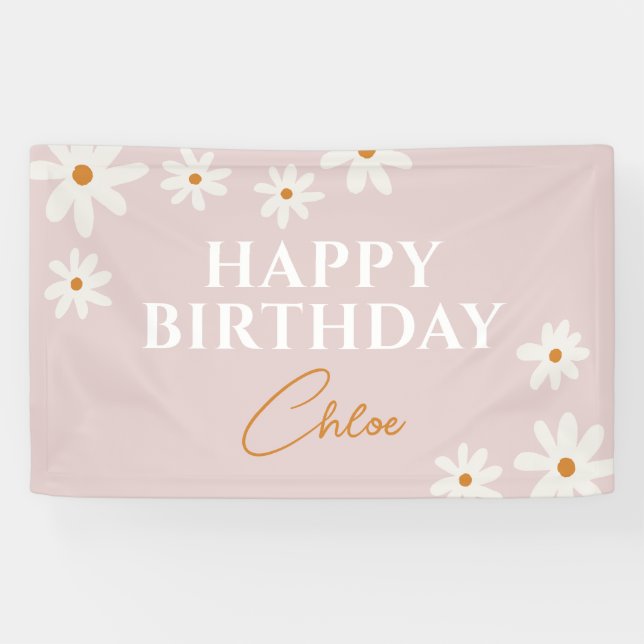 Lona Boho Retro Pink Daisy Floral Feliz cumpleaños (Horizontal)