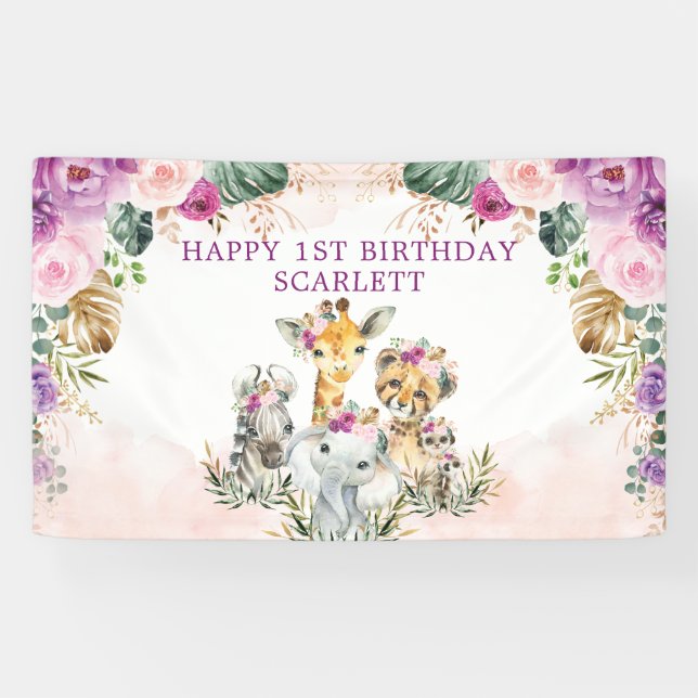 Lona Boho Safari Tropical Jungle Floral Feliz cumpleaño (Horizontal)