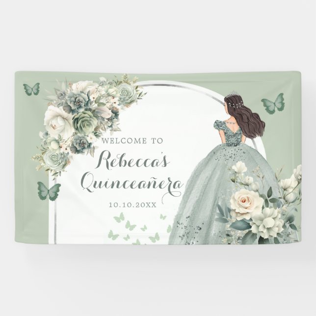 Lona Boho Sage Green Floral Princesa Quinceañera Grande (Horizontal)