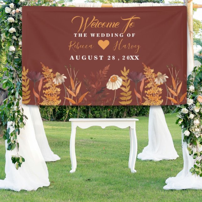 Lona Boho Wildflower Terracotta Boda otoño otoño (Boho Wildflower Terracotta Autumn Fall Wedding Banner)