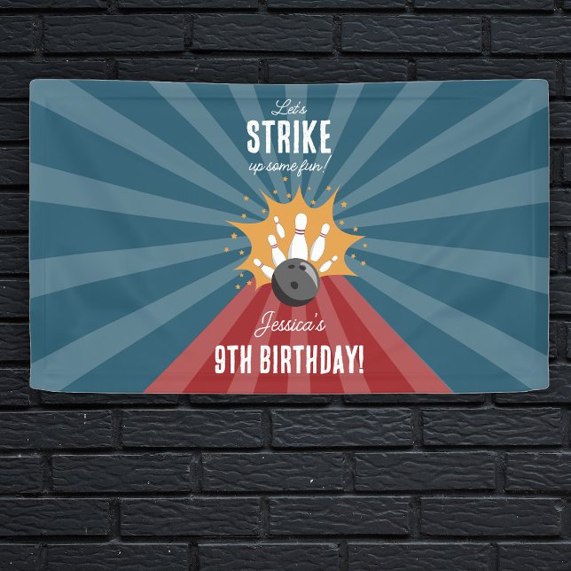 Lona Bola de boliche en huelga algunos niños divertidos (Bowling Ball Strike Up Some Fun Kids Birthday Banner)