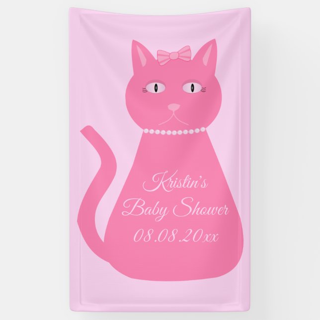 Lona Bonito Niña Rosa Personalizado Gato Baby Shower (Vertical)